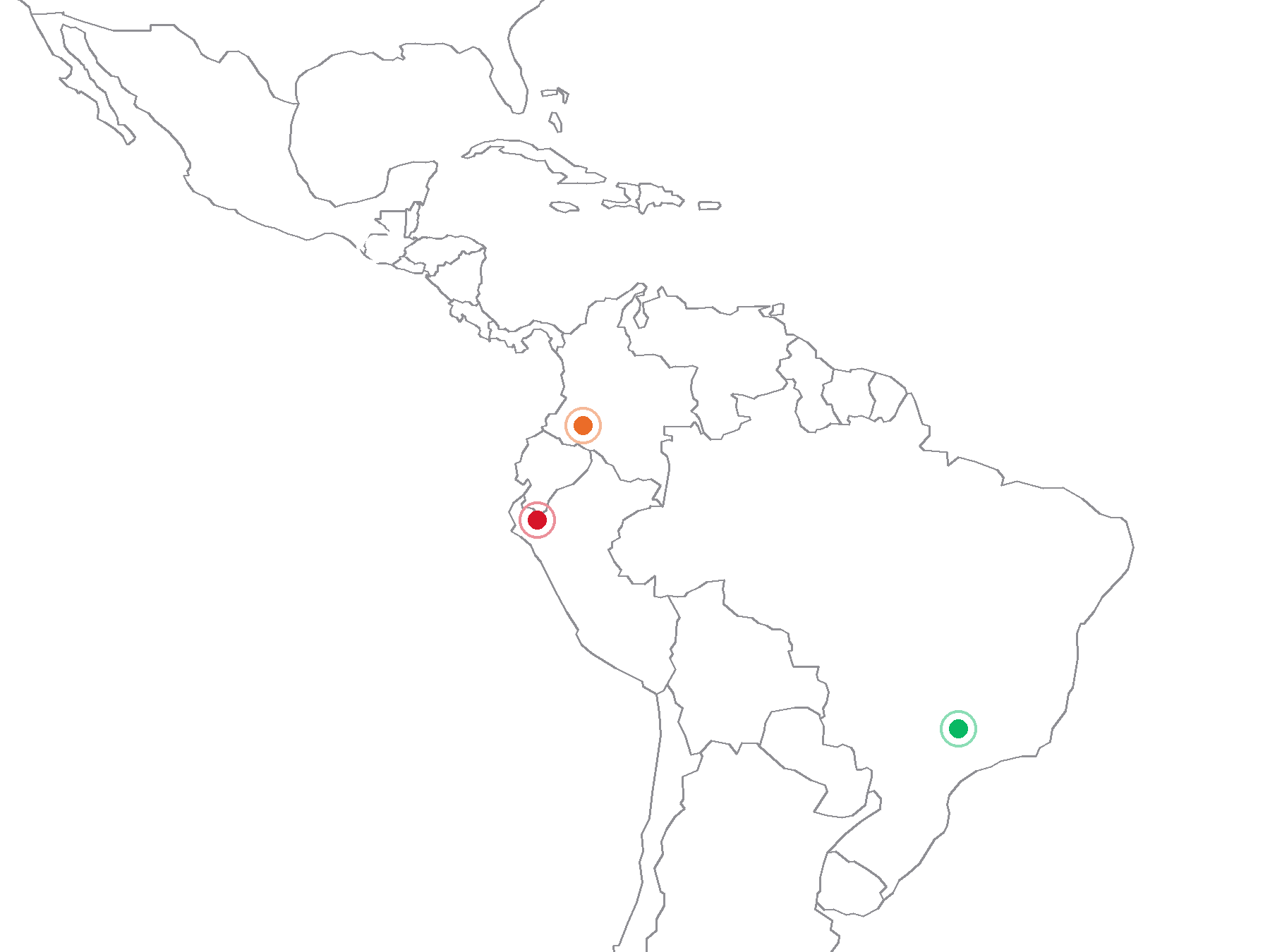 Mapa con los cuatro orígenes: Brasil, Guatemala, Colombia y Perú